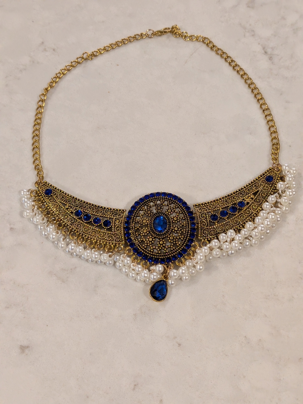 Gold-Tone Necklace with Blue Stones and Pearl Fringe